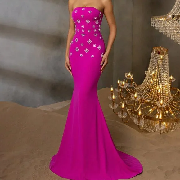Hot Pink Elegant Women's Formal Maxi Dress with Strapless Sweetheart  Neckline